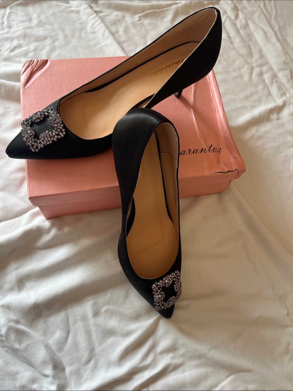Elegant Black Satin Pointed Pumps with Crystal Buckle